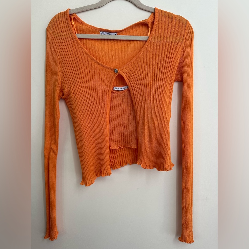 Zara orange ribbed cardigan with matching cropped tank. Size M